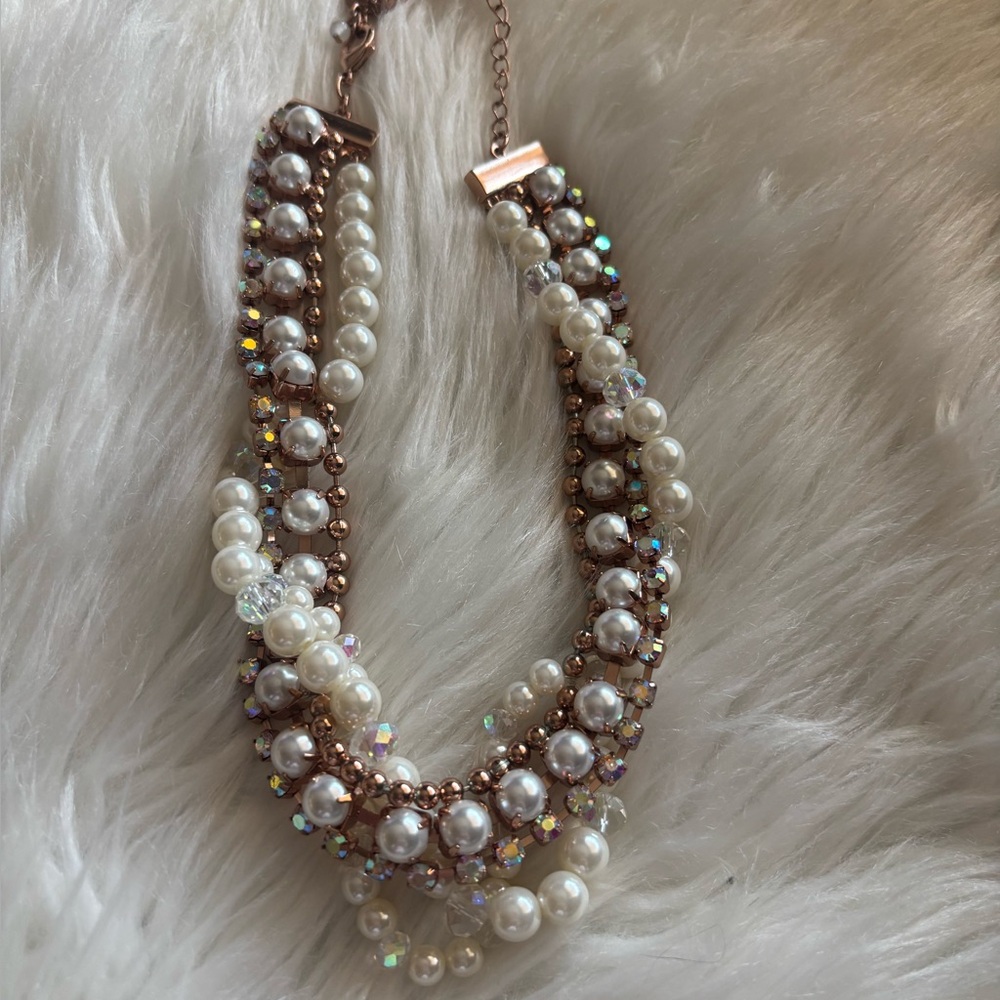 Betsey Johnson Rose Gold-Tone Multi Strand Pearl & Aurora Borealis Necklace